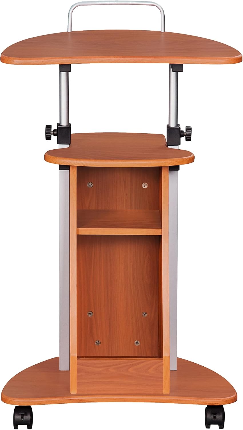 Techni Mobili Adjustable Height Rolling Laptop Cart with Storage, Graphite | Adjustable height rolling laptop cart with storage drawer, open shelf, wheels, sit‑stand design for office or medical use