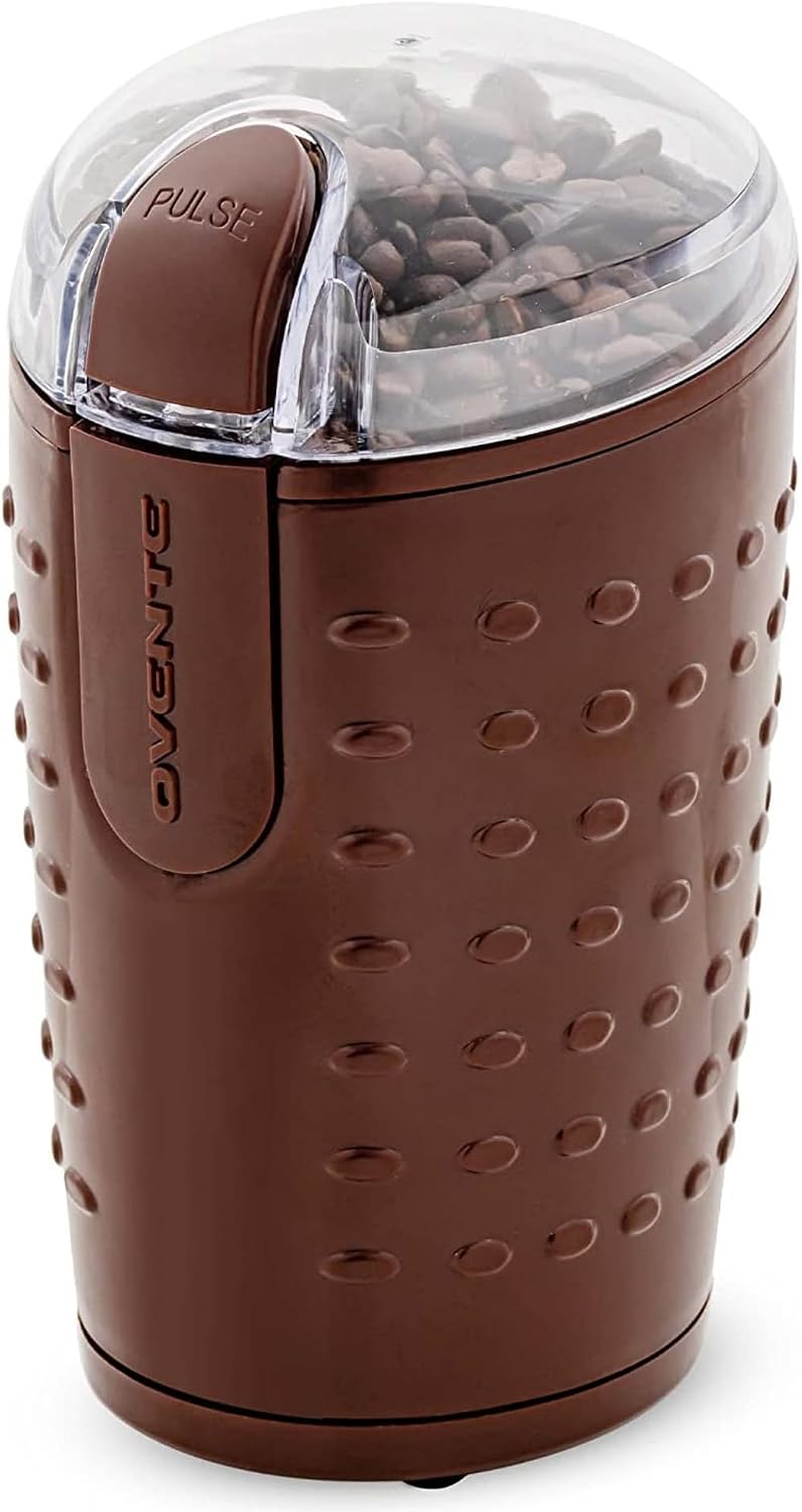 OVENTE Electric Coffee Grinder with One Touch Push-Button, White CG225W | 2.5oz Capacity, 150W Motor, Stainless Steel Blades for Uniform Grinding of Beans, Spices, Herb, Nuts & More, Safety Lock Lid
