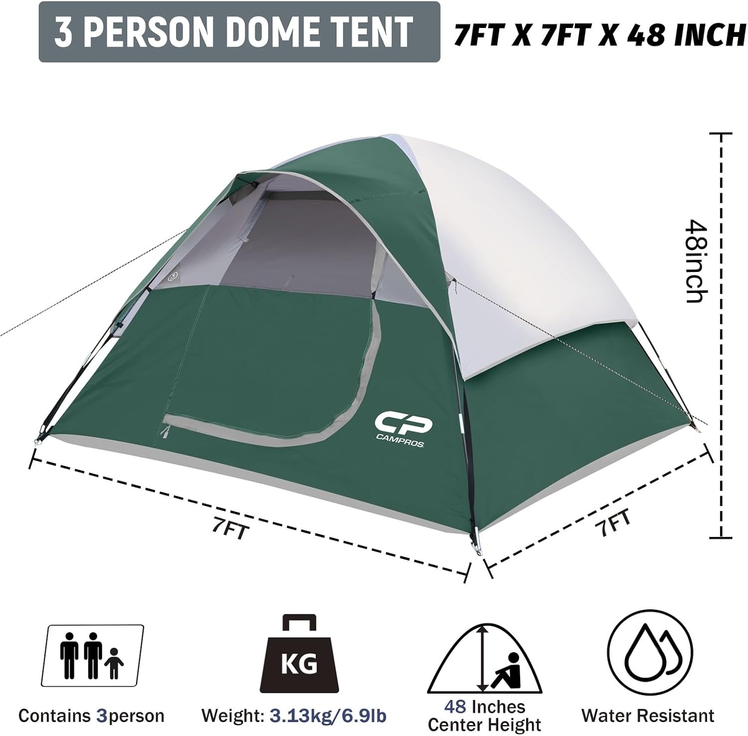 CAMPROS CP 3 Person Tent, Waterproof Dome Tents for Camping with Rainfly
