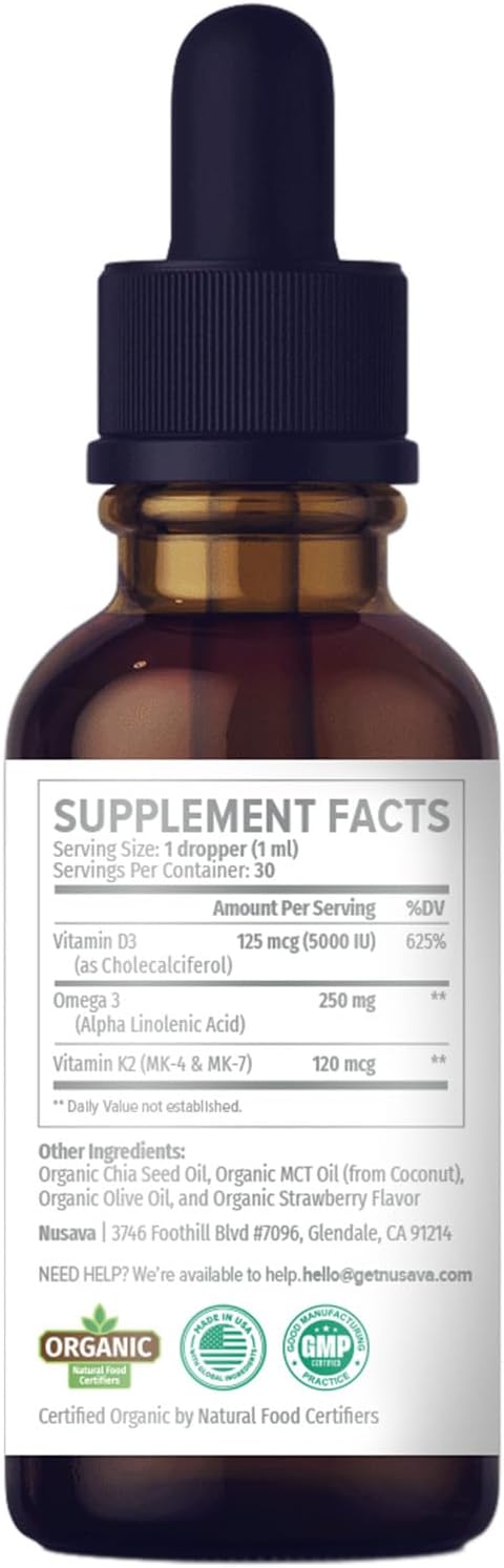 Nusava Organic Vitamin D3 K2 Drops with MCT Oil, Unflavored, Pack of 2