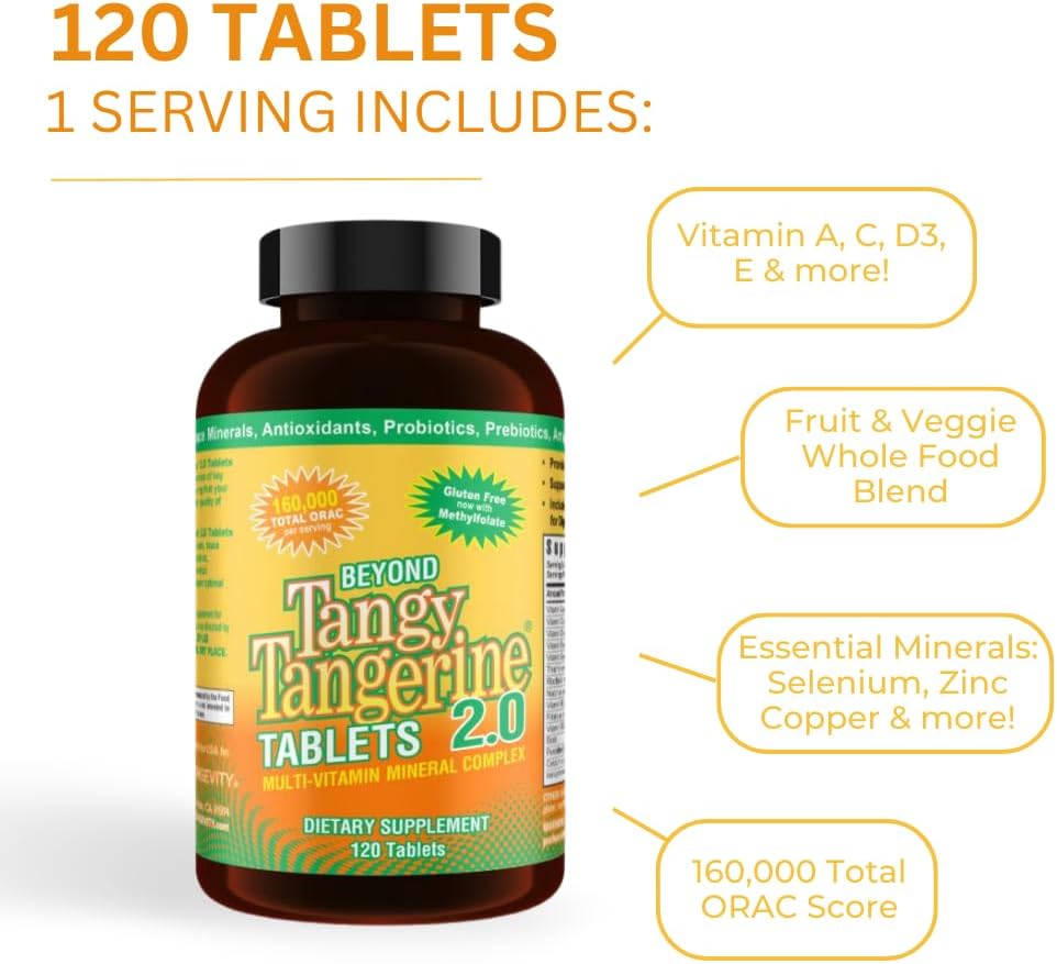 Youngevity Beyond Tangy Tangerine 2.0 Multivitamin Mineral Tablets, 2-Pack | 240 tablets, 60 servings, prebiotics, probiotics, amino acids, enzymes, sugar-free, gluten-free, 160,000 ORAC, travel-ready
