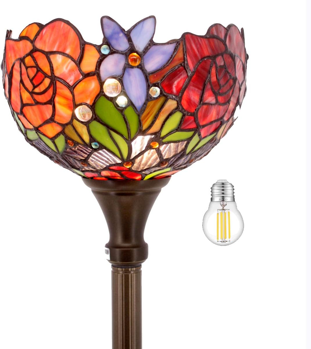 WERFACTORY Tiffany Floor Lamp Red Rose Flower Stained Glass Light Torchiere | 10X10X71 Inches Pole Standing Corner Torch Uplight Decor Bedroom