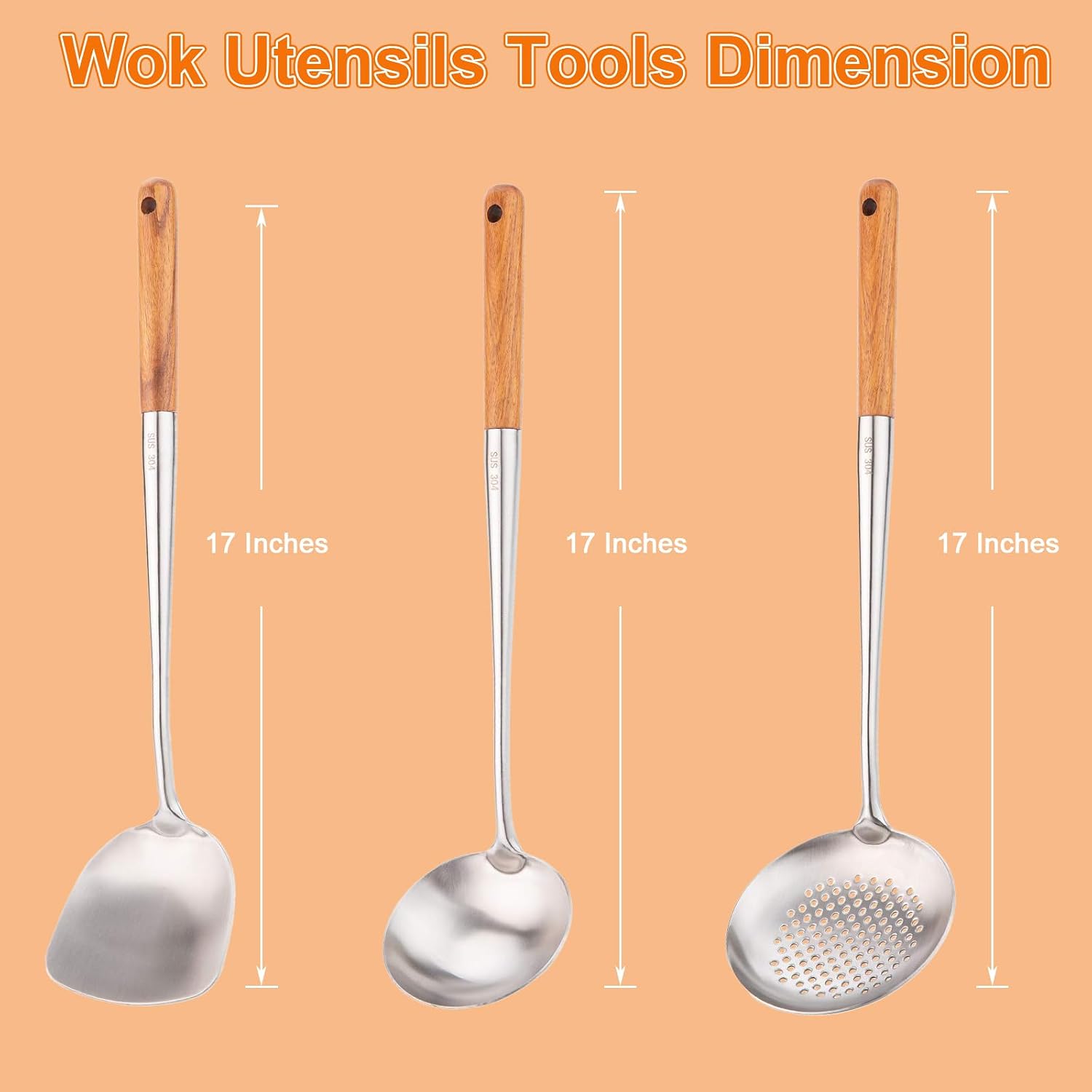 FJNATINH Wok Spatula and Ladle,Skimmer Ladle Tool Set, 17inches Spatula for Wok, 304 Stainless Steel Cooking Utensils