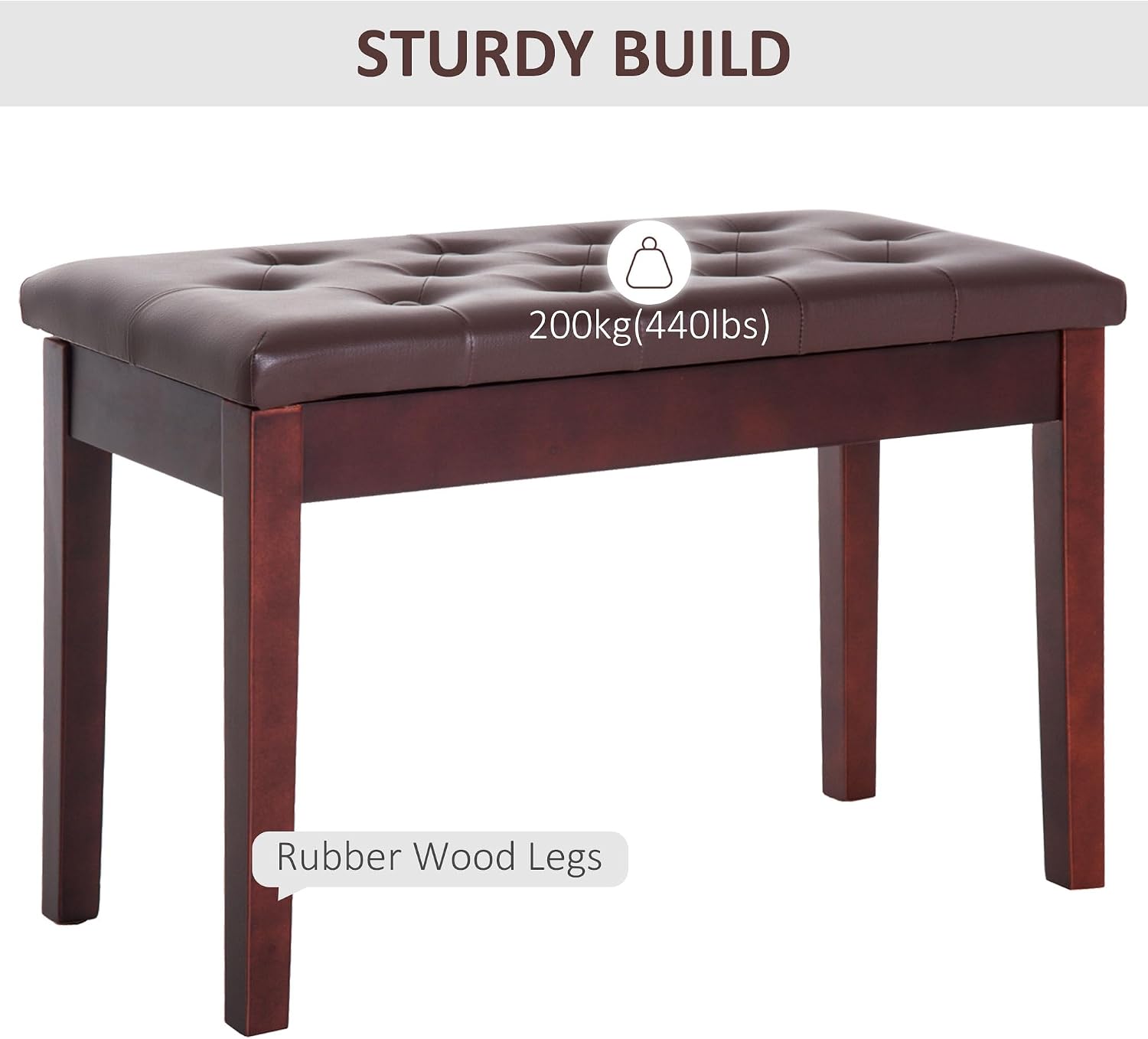 HOMCOM Piano Bench with Faux Leather Padded Cushion, Chestnut Brown | Duet Piano Chair, Wooden Frame, Button Tufted Keyboard Bench