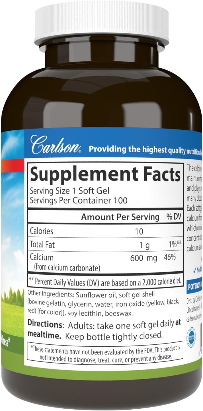 Carlson Cal-600, 600 mg, Calcium, Liquid Filled, 100 Softgels | Bone Support; Healthy Teeth; Optimal Wellness