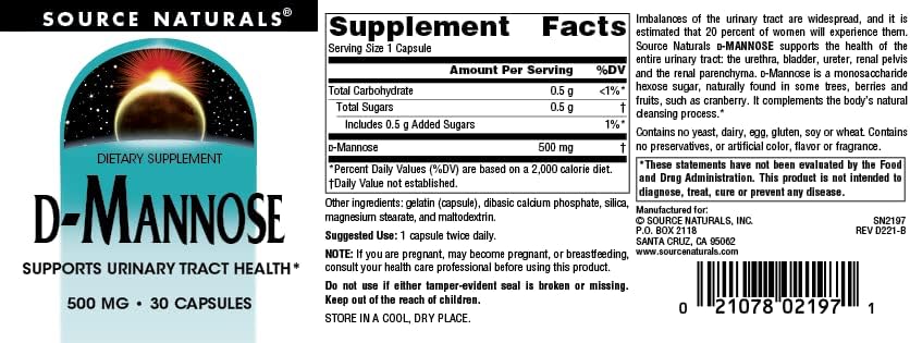 Source Naturals, D-Mannose - 500mg - 30 Capsules | Supports Urinary Tract & Bladder Health