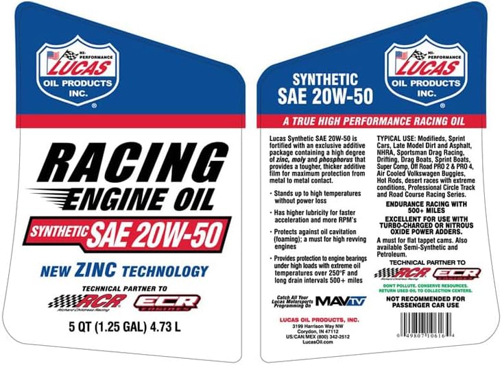 Lucas Oil SAE 20W-50 Racing Engine Oil, 5 Quart (Pack of 1)
