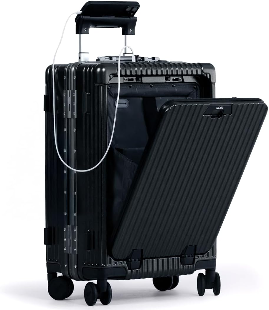 Nobl Travel Carry on Luggage, Zipperless Aluminum Frame, TSA Locks | PC Hard Shell Suitcase, Airline Approved, 360° Spinner Wheels, USB Charging Port, Cup & Phone Holder, 22.5x15x9.5, Ivory
