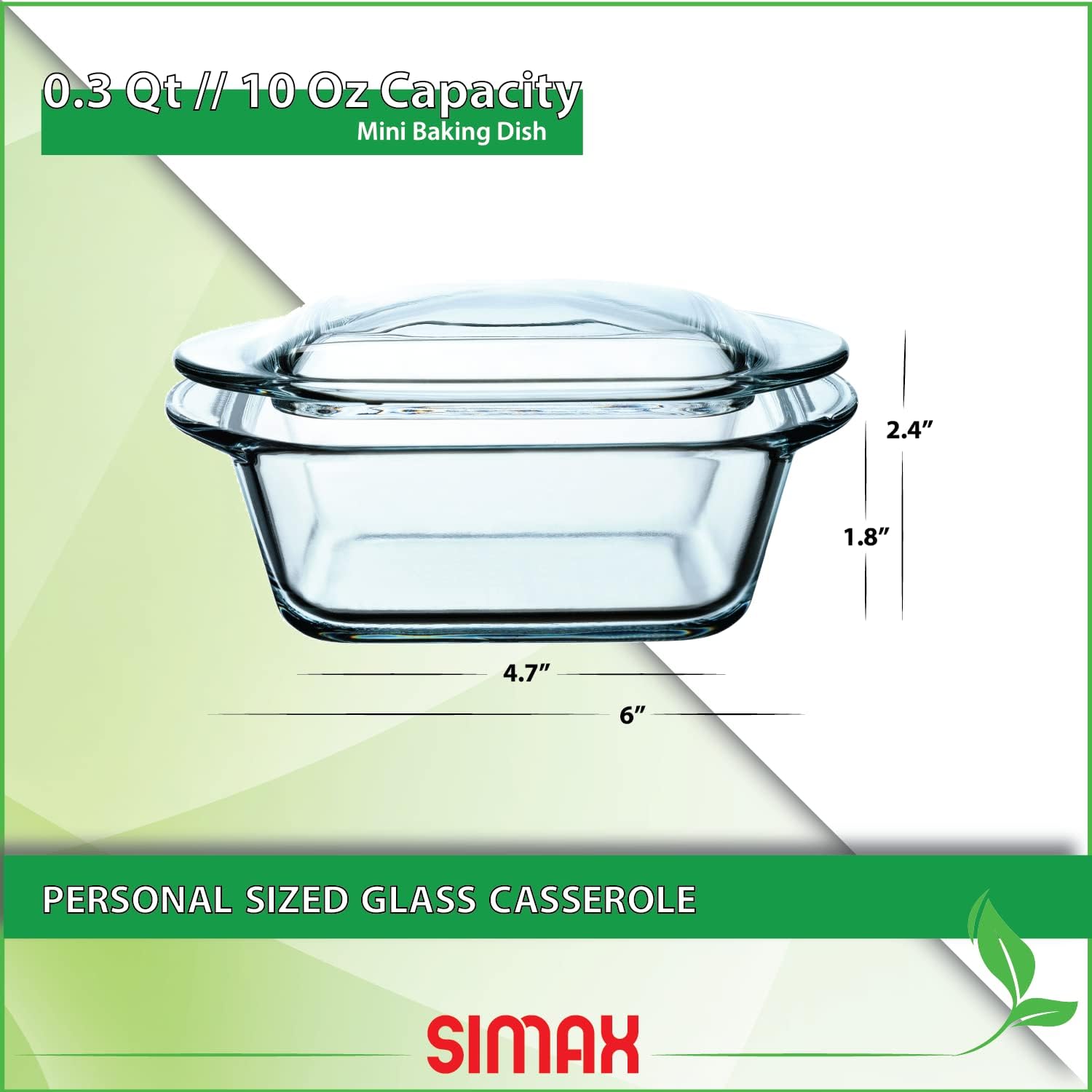 Simax Casserole Dish For Oven, 10 Ounce Mini Glass Baking Dish With Lid, Small, Personal Sized Bakeware and Cookware, Great for Storage, Microwave