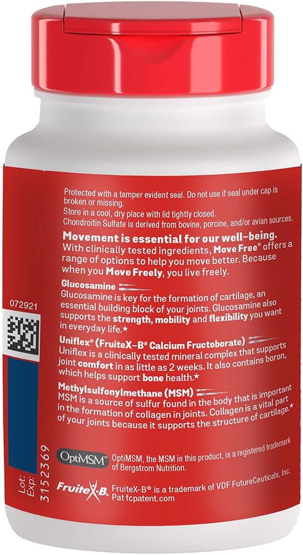 Move Free Advanced Joint Support, Glucosamine, Chondroitin + MSM - 120 ct | Supports Mobility Comfort Strength Flexibility & Bone, 40 Servings, Bone & Joint Support Supplement tablets, Fruitx-B