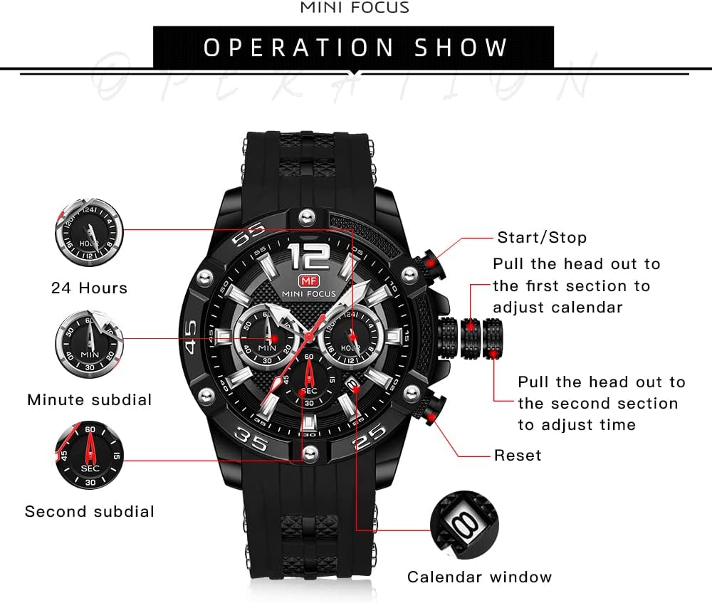 MF MINI FOCUS Men Watch, Chronograph Waterproof Sport Analog Quartz Watches Blue Silicon Strap Fashion Wristwatch for Men