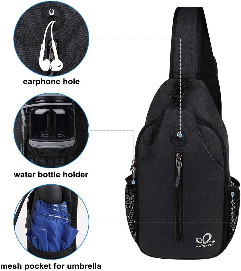 WATERFLY Crossbody Sling Backpack Sling Bag Travel Hiking Chest Bag Daypack (Black) | Small Hiking bag,Multi-compartment storage,Water-resistant,Breathable back pad,Reversible adjustable shoulder strap