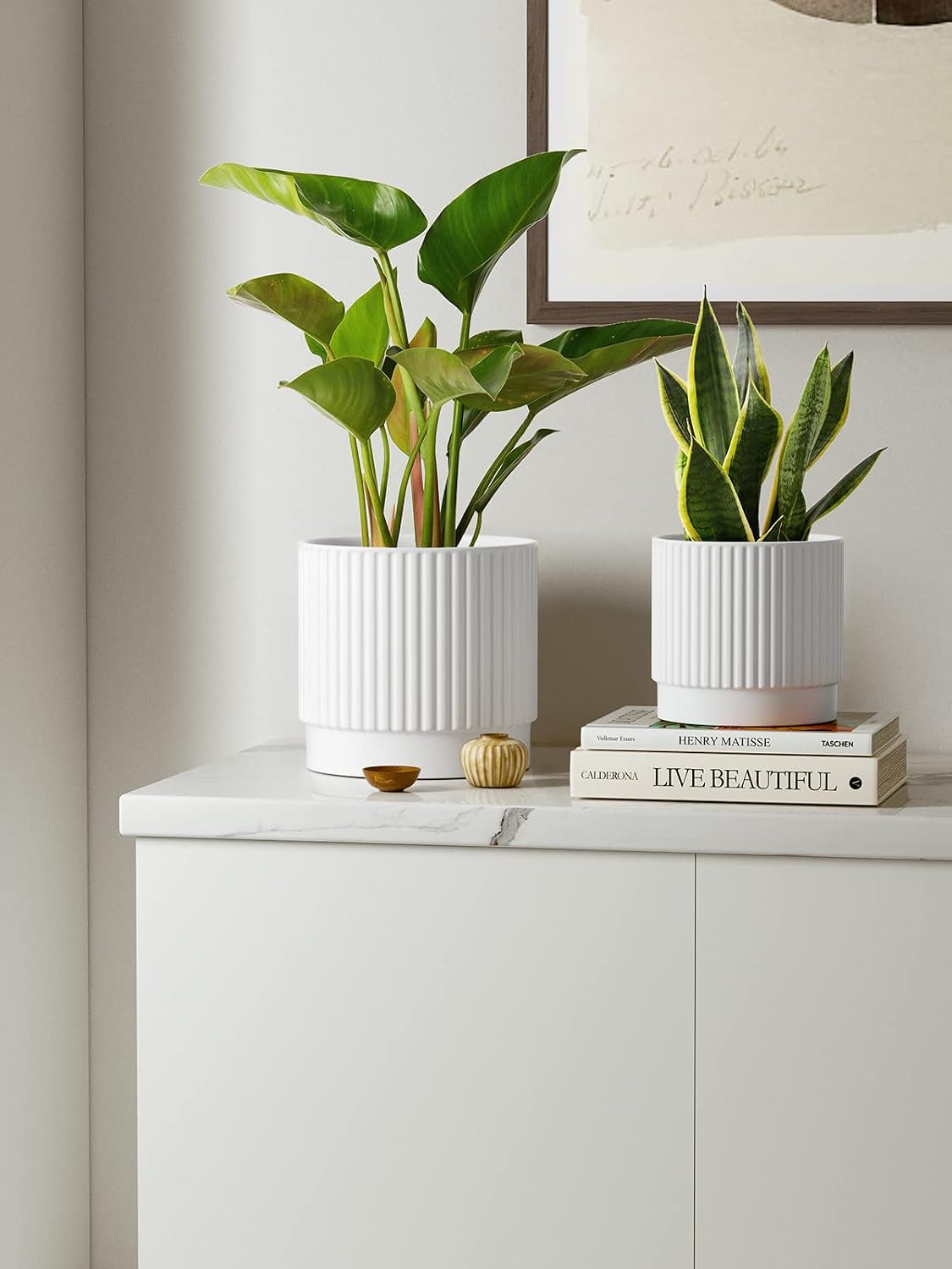 LE TAUCI Ceramic Plant Pots with Drainage Holes, Set of 3, 8+6.7+5.5 Inch Stripe Garden Planter Pots for Outdoor Indoor Plants Flower