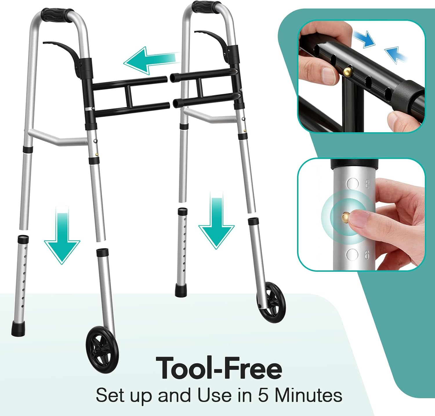 HOMENURSE Folding Walkers for Seniors with Skis, Width & Height Adjustable | Narrow Walker with 5" Wheels for Small Spaces, Aluminum Lightweight Standard Rolling Walker, Supports Up to 300lbs, Silver