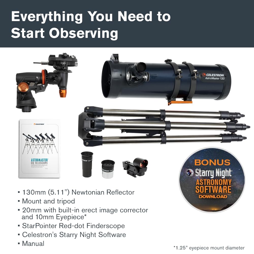 Celestron AstroMaster 130EQ Telescope for Deep-Sky Beginners | Large 130mm Optics, Bright Moon & Deep-Sky Views, Perfect First Telescope, German Equatorial Mount with Easy Manual Controls
