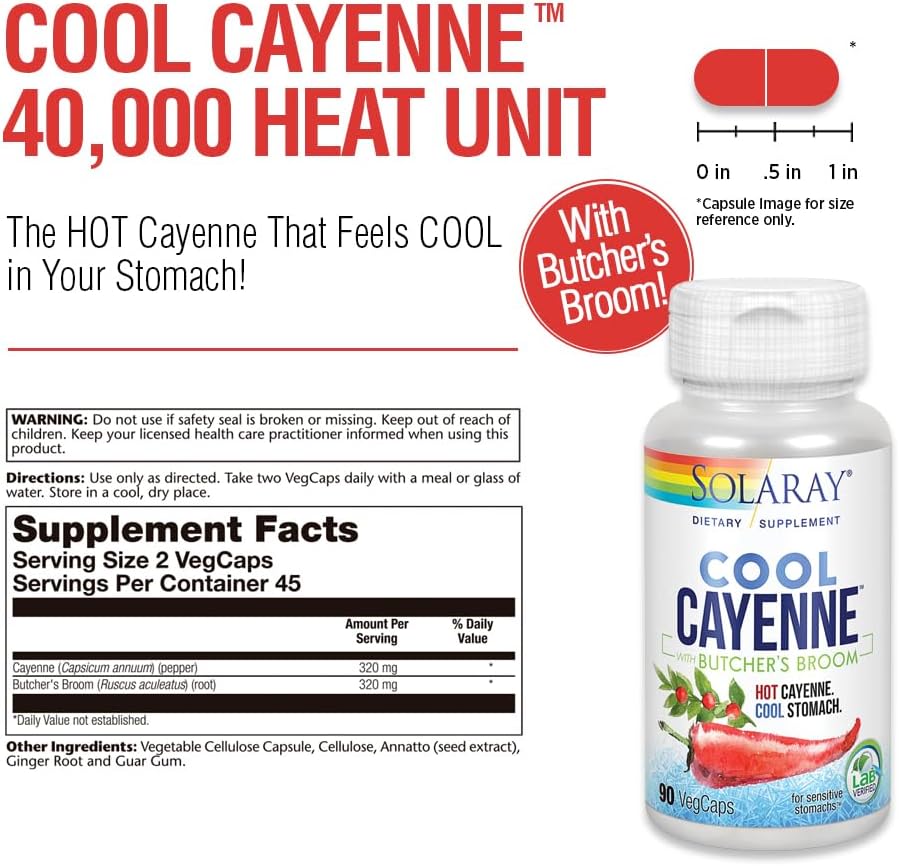 SOLARAY Cool Cayenne Pepper 40,000 HU with Butchers Broom for Healthy Circulation Support | 90 VegCaps