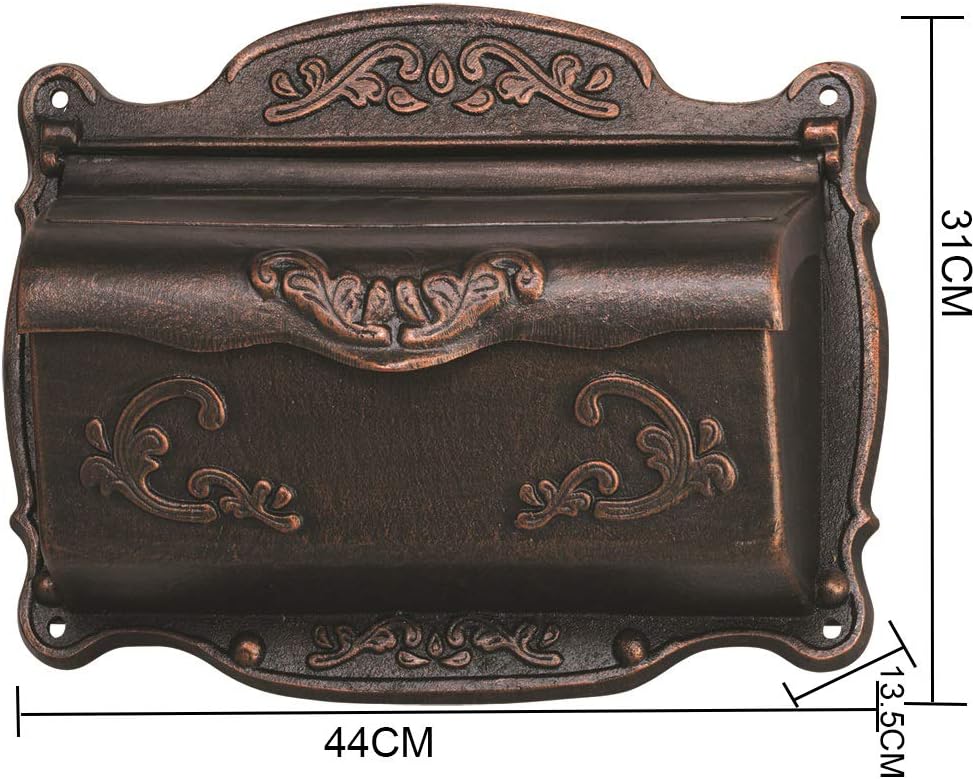 Antique Bronze Finishing Cast Aluminum Wall Mounted Mailbox, Weather-Resistant, Elegant Vintage Design. Size: 17.5" D x 5.3" W x 12.25" H. Includes 4 Pieces Finish Mounting Screws