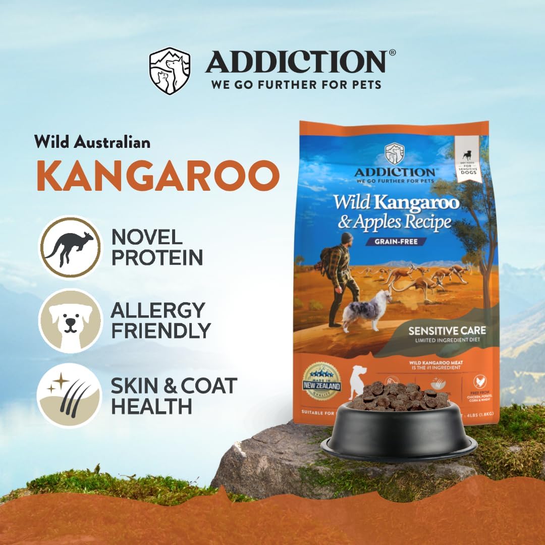 Addiction Wild Kangaroo & Apples Dry Dog Food - Limited Ingredient Diet for Dogs with Allergies & Sensitive Skin - 100% Kangaroo Meat, No Meal - Grain-Free - Made in New Zealand 4lb
