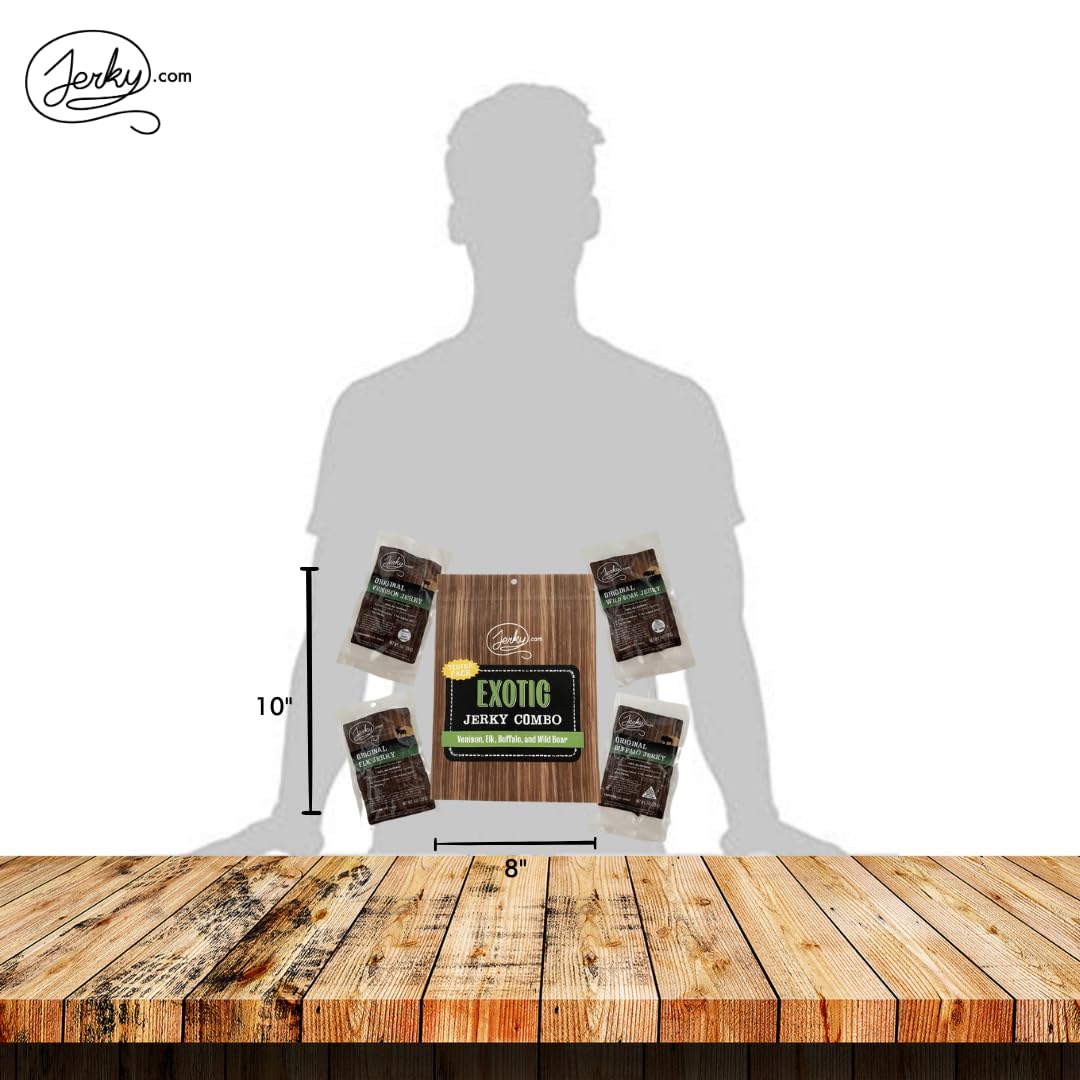 Jerky.com Exotic Jerky Variety Pack | 4pc Wild Game Snacks Sampler with Venison, Elk, Buffalo & Wild Boar | High Protein, Keto, Exotic Jerky Gifts for Men | Gifts for Men & Hunters | Venison, Elk, Buffalo & Wild Boar, High Protein, Keto Friendly, Exotic…