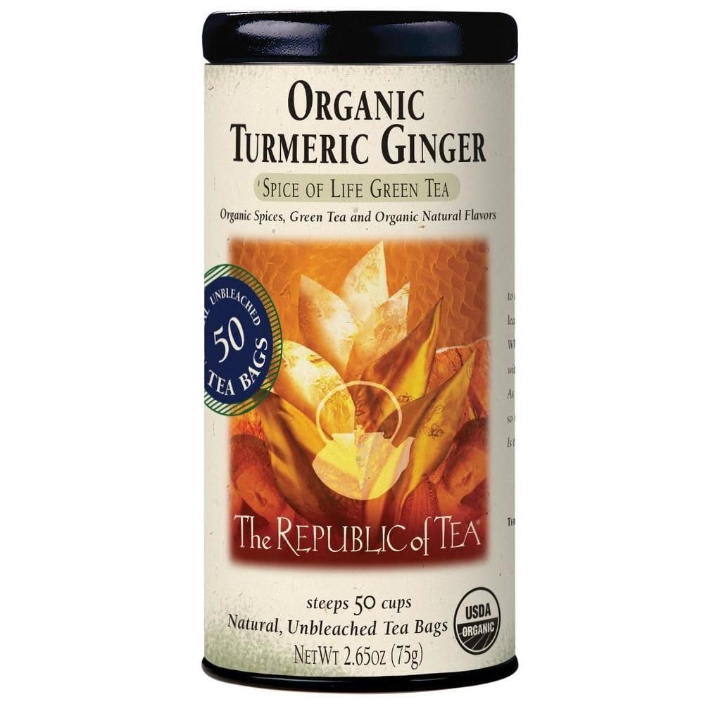 The Republic of Tea Organic Turmeric Ginger Green Tea, Low Caffeine, 50 Ct | A gentle cup for everyday sipping. Fresh and lightly vegetal with notes of warming spice and sweet cinnamon.