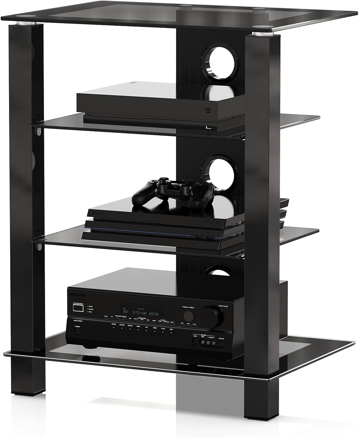 FITUEYES 4-Tier AV Media Cabinet Stand with Multiple Height Options, Black