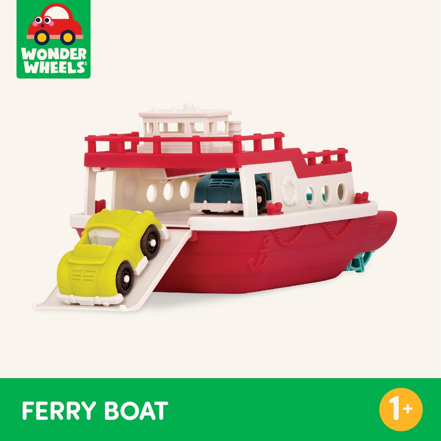 Battat Wonder Wheels Bath Toy Ferry Boat with 2 Cars, Floating Play, Trucks | Pool and bath toy boat with slide-out ramp, wind-up propeller