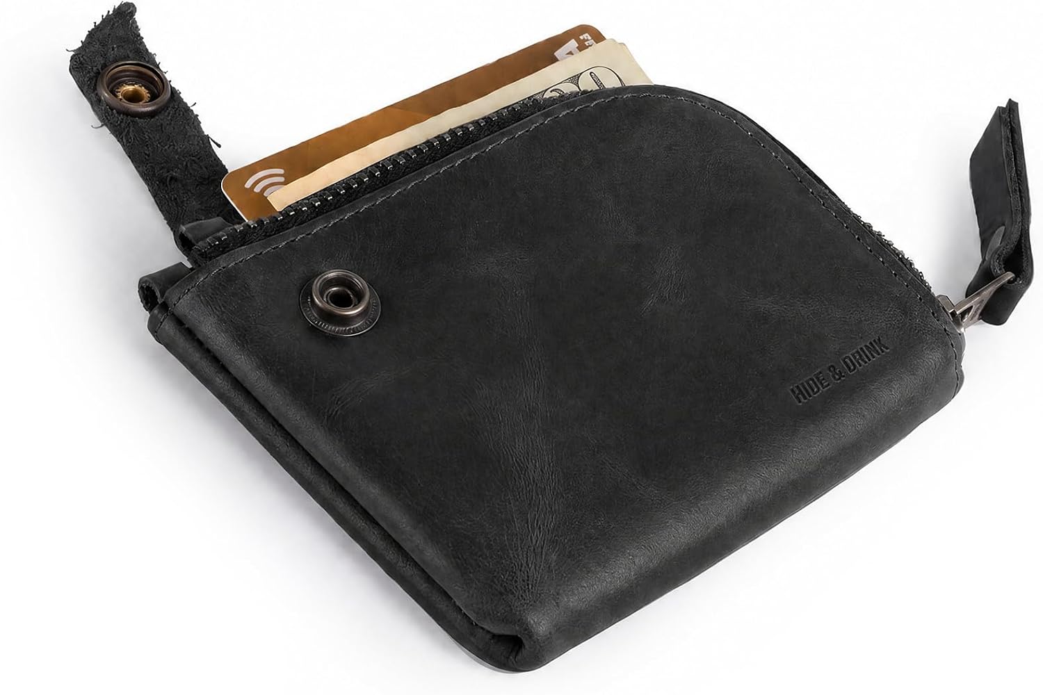 Hide & Drink, Leather Zippered Wallet, Holds Up to 6 Cards Plus Folded Bills, Pouch Organizer, Cash Holder, Travel Essentials, Mini, Pocket-Size, Handmade (Bourbon Brown)