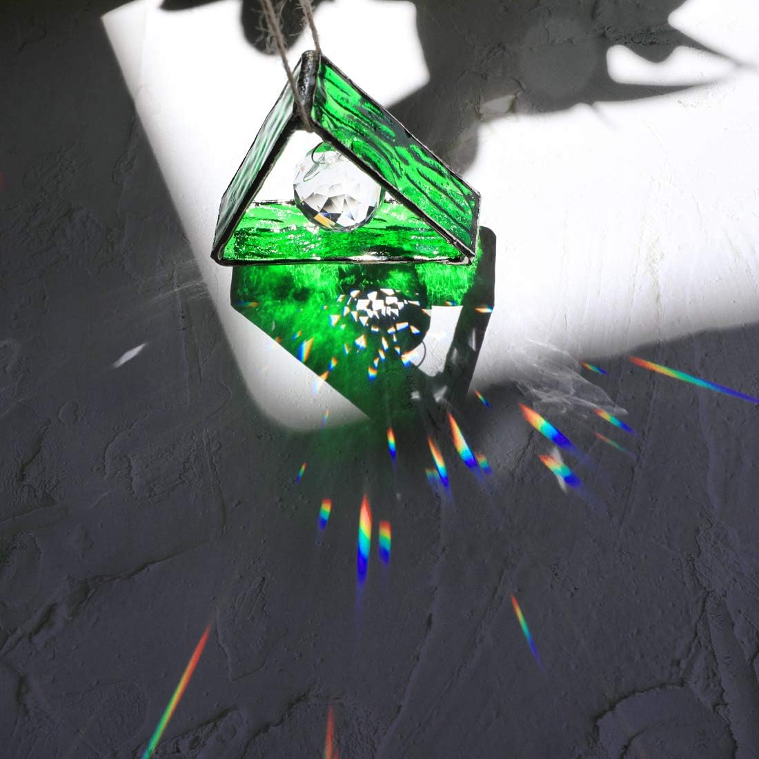 Green Stained Glass Pyramid Suncatcher Window Hanging Prism Decor