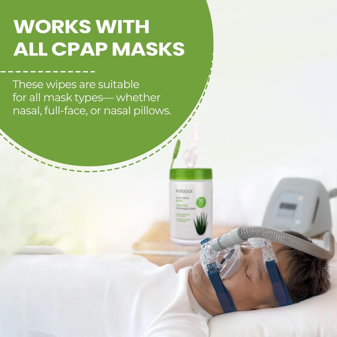 PURDOUX 100% Cotton CPAP Mask Wipes Canister Unscented with Aloe Vera (70 wipes) - CPAP Supplies, CPAP Accessories, CPAP Cleaning Supplies for CPAP Machine | Aloe Vera Infused, Alcohol Free, Silicone Safe, Removes Dirt & Facial Oils, Gentle Cleaning, CPA…