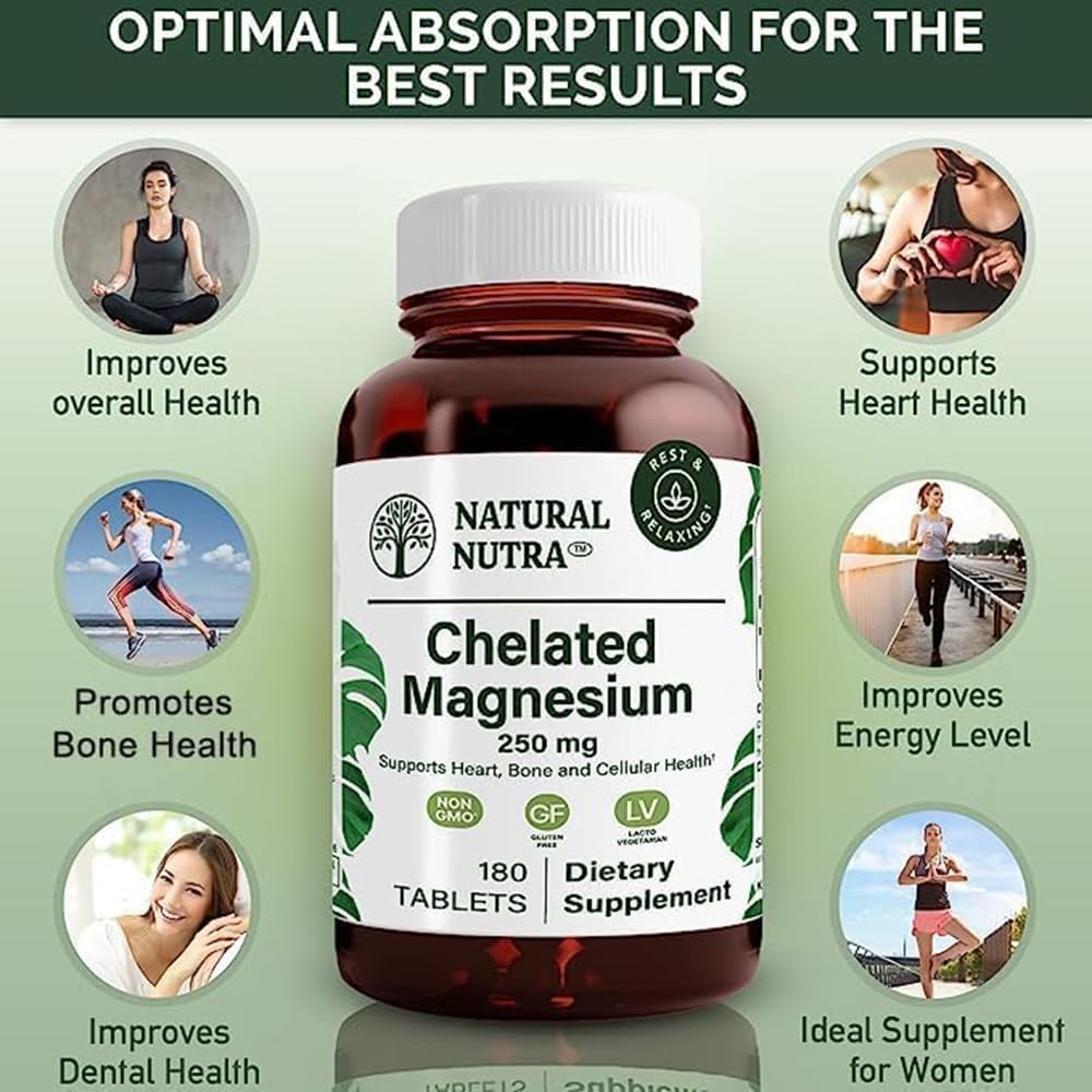 Natural Nutra Chelated Magnesium Oxide 250 mg - High Absorption for Strong Bones, Heart Health, Dental Health, Energy Boost, Gluten-Free, Non-GMO, 180 Tablets in BPA-Free Recyclable Glass Bottles