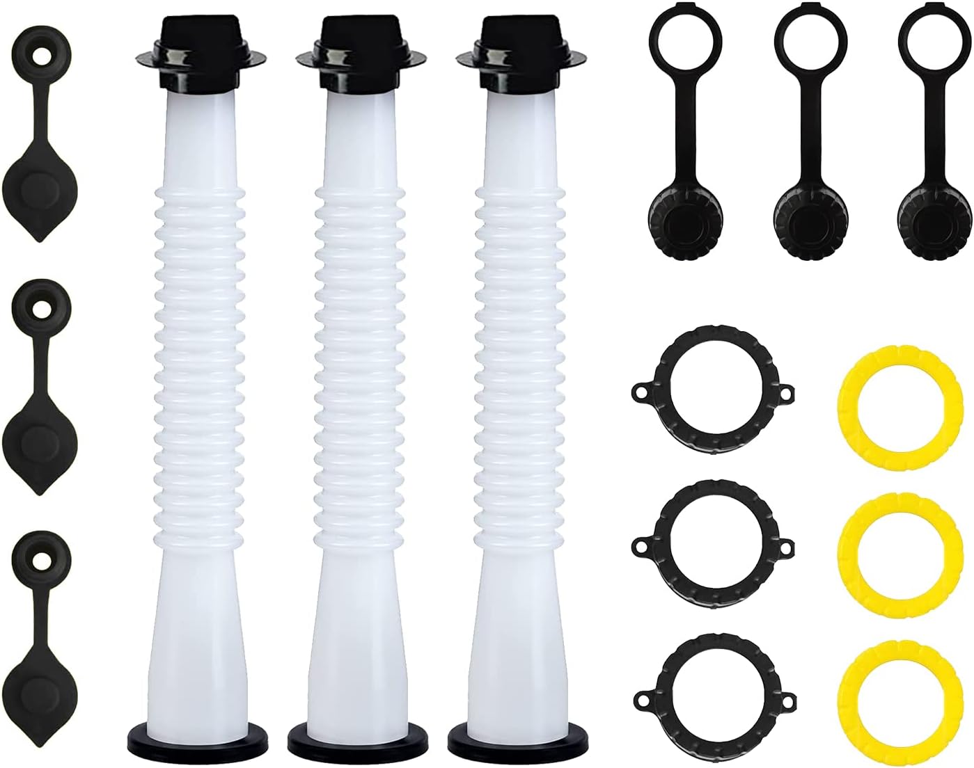 Universal Gas Can Spout Replacement, Gas Can Nozzle with Gasket, Stopper, Collar Caps (Black and Yellow) & gas can vent caps, Pack of 3