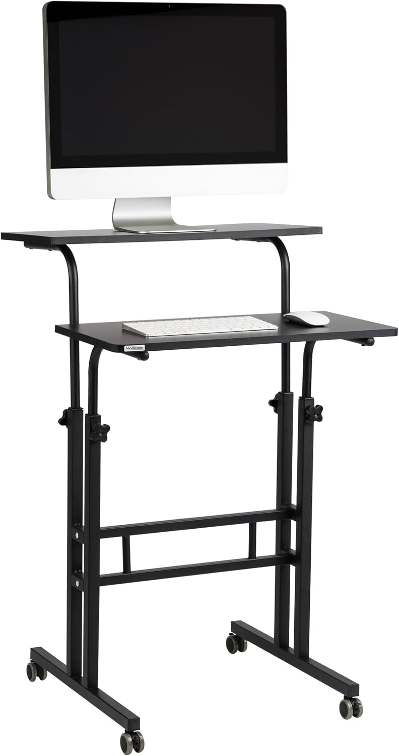 Mind Reader Standing Desk, Adjustable Height Laptop Workstation, Portable Rolling Desk on Wheels, Two-Tier Metal Frame, Black