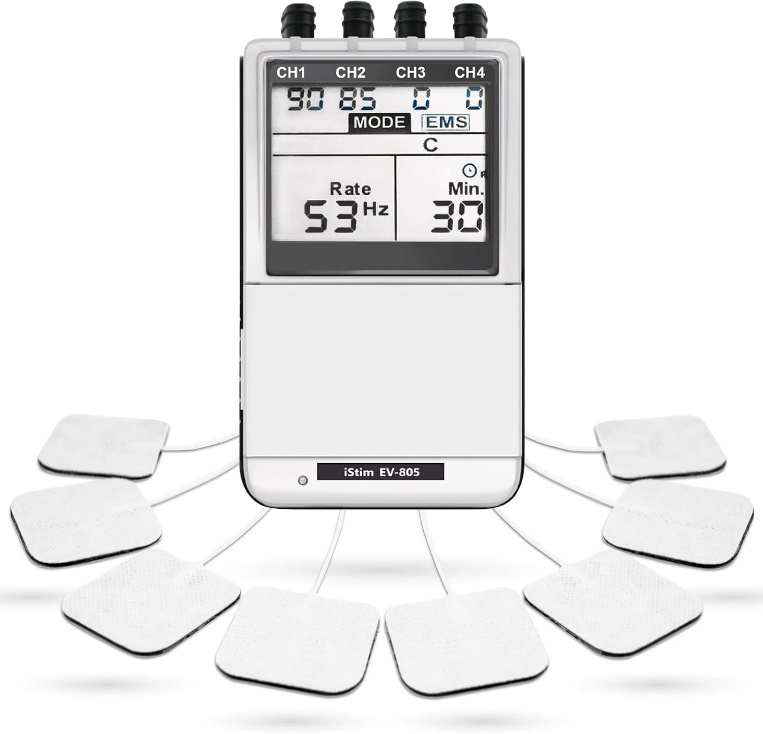 iSTIM EV-805 TENS EMS 4 Channel Rechargeable Combo Machine Unit - Muscle Stimulator + Back Pain Relief and Management- 24 Programs/Backlit