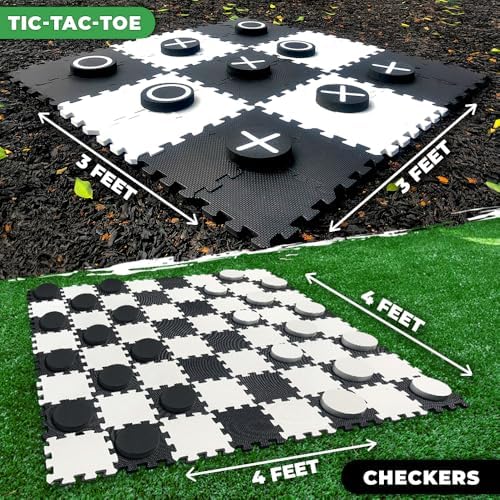 Swooc Games® - 2-in-1 Premium Giant Checkers & Tic Tac Toe Game (4ft x 4ft) - 100% High Density EVA Foam Mat & Pieces - Extra Large Checkers Set