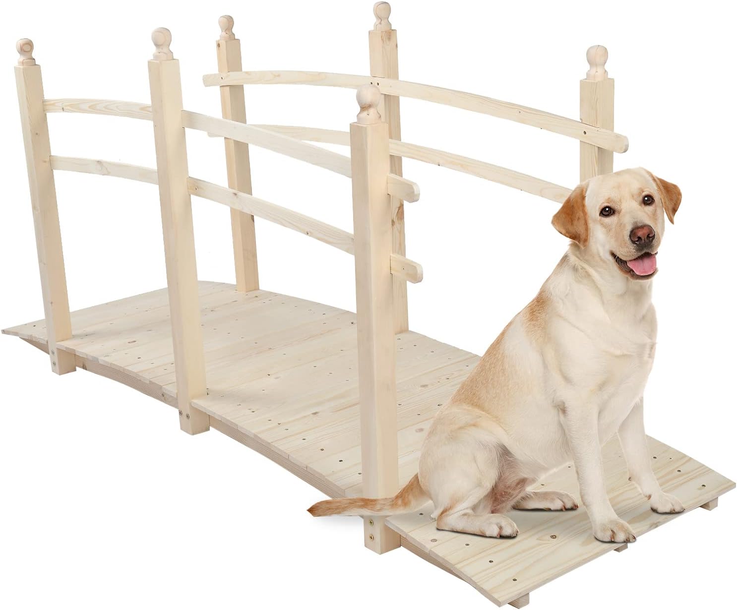VINGLI 5 ft Garden Bridge, Classic Wooden Arch with Safety Rails Stained Finished Footbridge, Decorative Pond Landscaping, Backyard, Creek or Farm