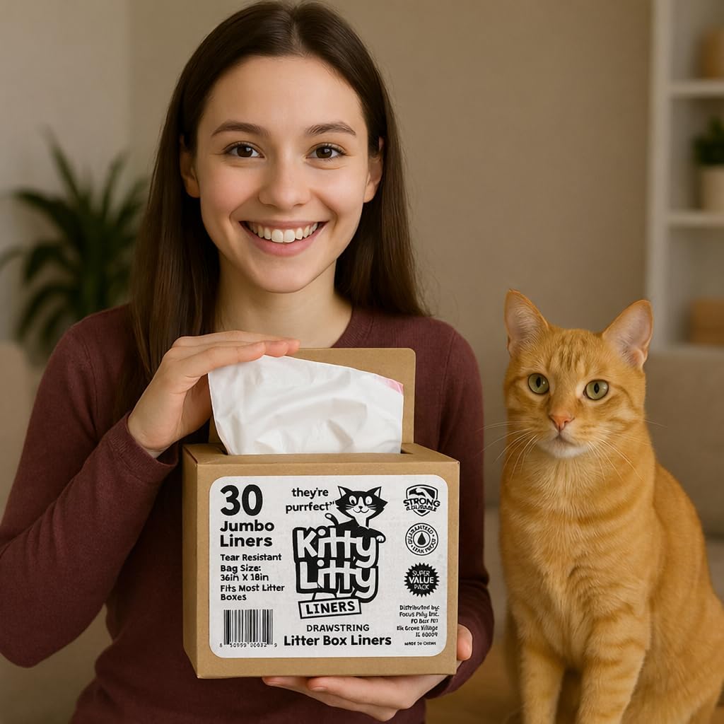 Cat Litter Box Liners 30 Count Drawstring Kitten Waste Bag | leak proof, heavy duty, scratch resistant, litter tray liner, kitty clean up