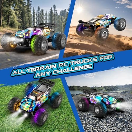Rcjoyou Remote Control Car, 2WD Off-Road Rc Truck, 20 KM/H All-Terrain RC Cars with Headlights & Body Lights, 2.4GHz, 2 Batteries