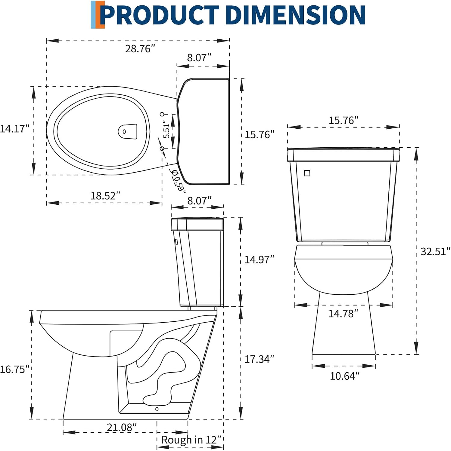 Two-Piece Toilets for Bathrooms, Comfort ADA Toilet with 19" Height, Elongated with Soft Close Seat, Power Flush 1.28 GPF