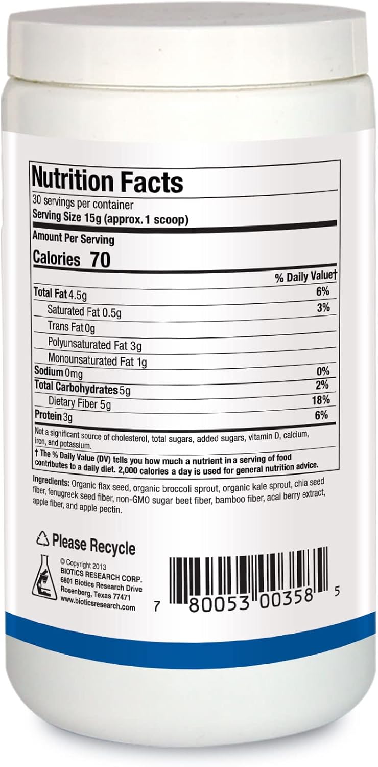 BIOTICS RESEARCH BioFiber Complete - 10 Whole Food Fibers (Organic & Non-GMO), 5g of Fiber Per Serving, Easy-to-Mix Powder