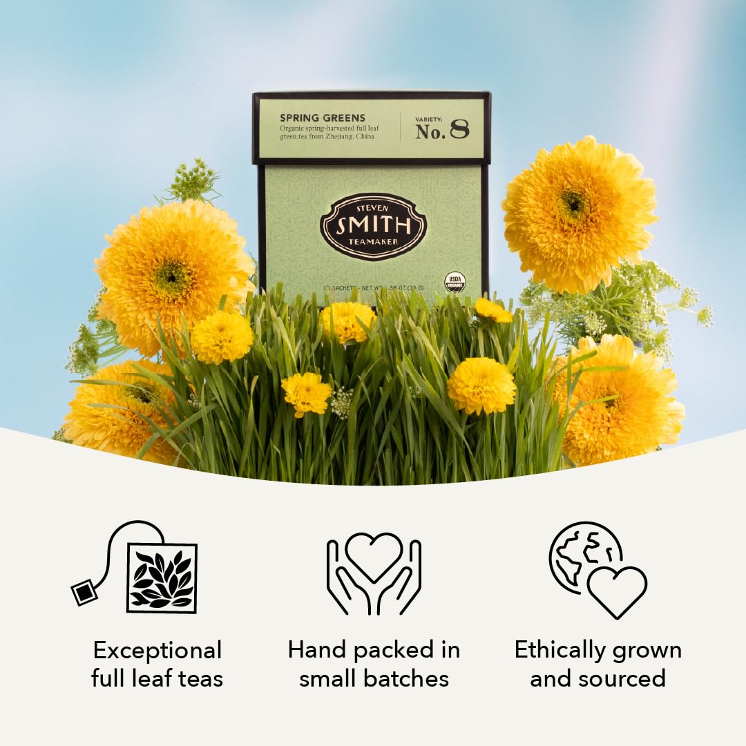 Smith Teamaker Spring Greens, Mao Feng Green Tea, 15 Sachets, 1.3oz each | Full Leaf Green Tea, Caffeinated, Sugar Free, Sustainably Grown, Plant Based Sachets, Microplastic-Free