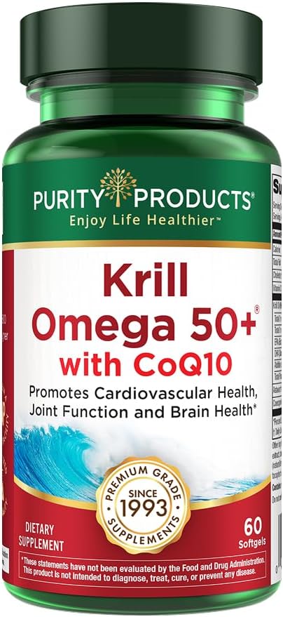 Krill Omega 50 Plus w/ CoQ10 from Purity Products - 1300mg Krill Oil and Fish Oil Blend - 100mg CoQ10-500mg Natural Astaxanthin - Support for Cardio