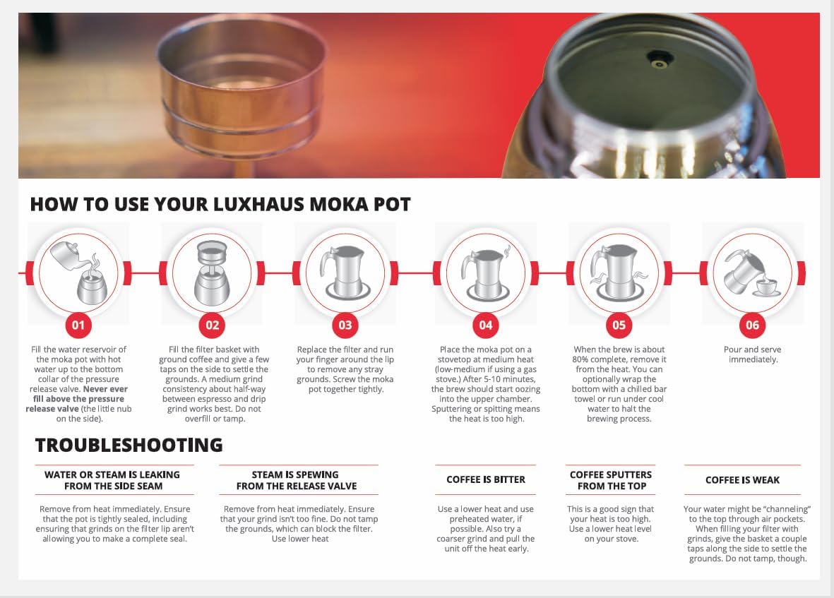 LuxHaus 3 Cup Moka Pot (2oz each cup - 6oz total) Stovetop Espresso Maker - Stainless Steel Italian and Cuban Mocha Coffee Maker