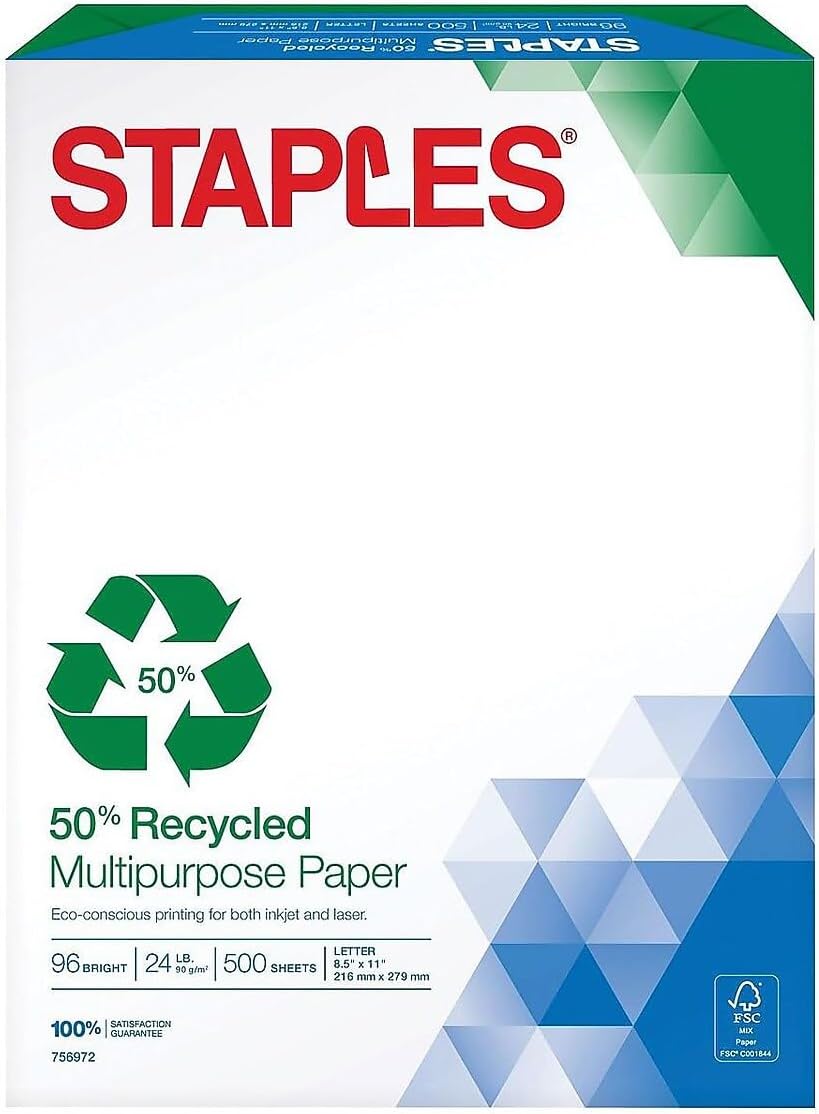Staples 100% Recycled Printer Paper Bright White Copy/Fax/Laser/Inkjet, 500 Sheets