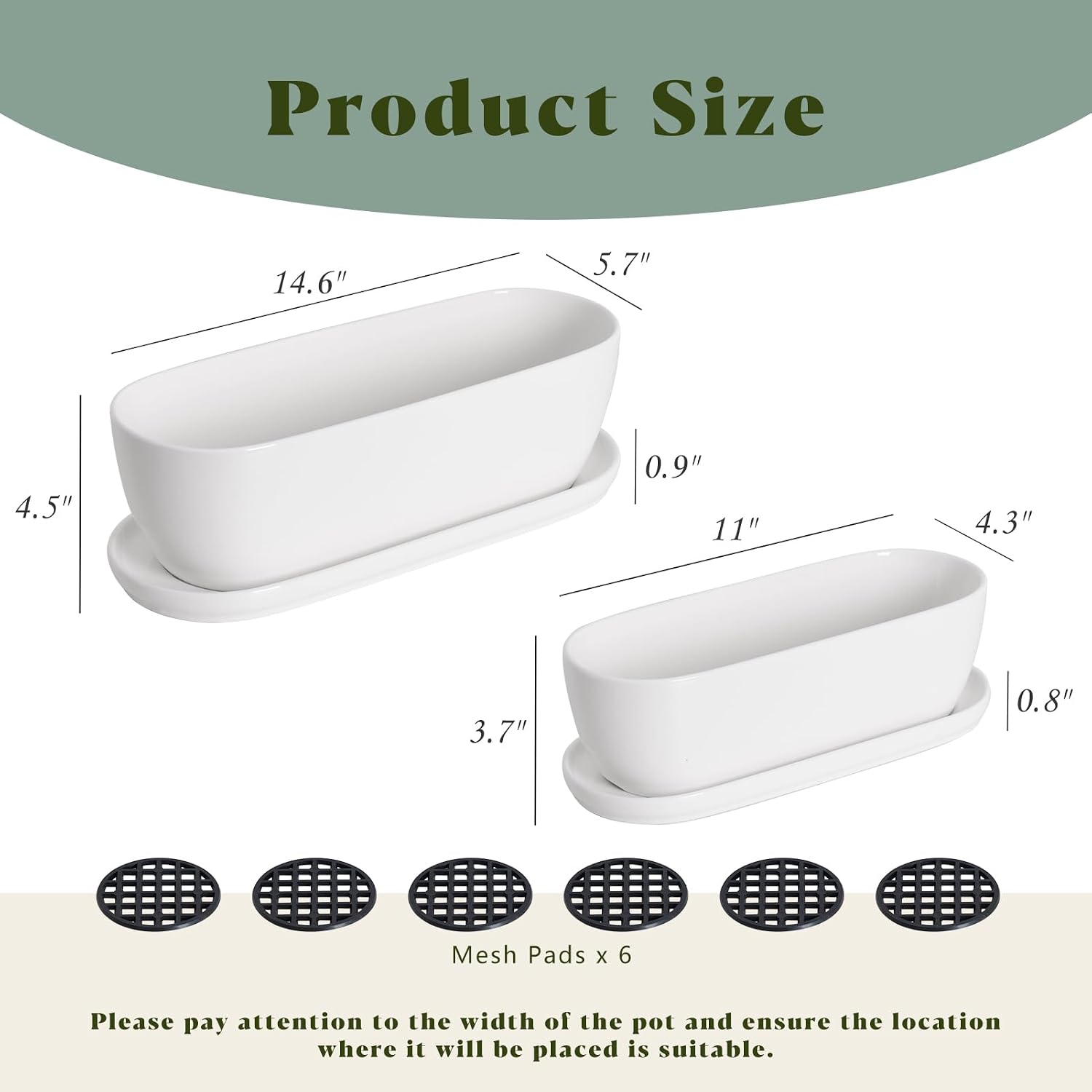 E-liu 11 Inch Oval Ceramic Planter Pot with Drainage Hole Saucers