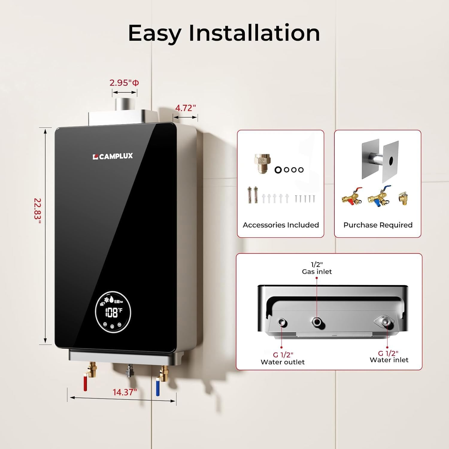 CAMPLUX Propane Tankless Water Heater, Instant Hot Water Heater, 3.18 GPM On Demand, Propane, Indoor, Black