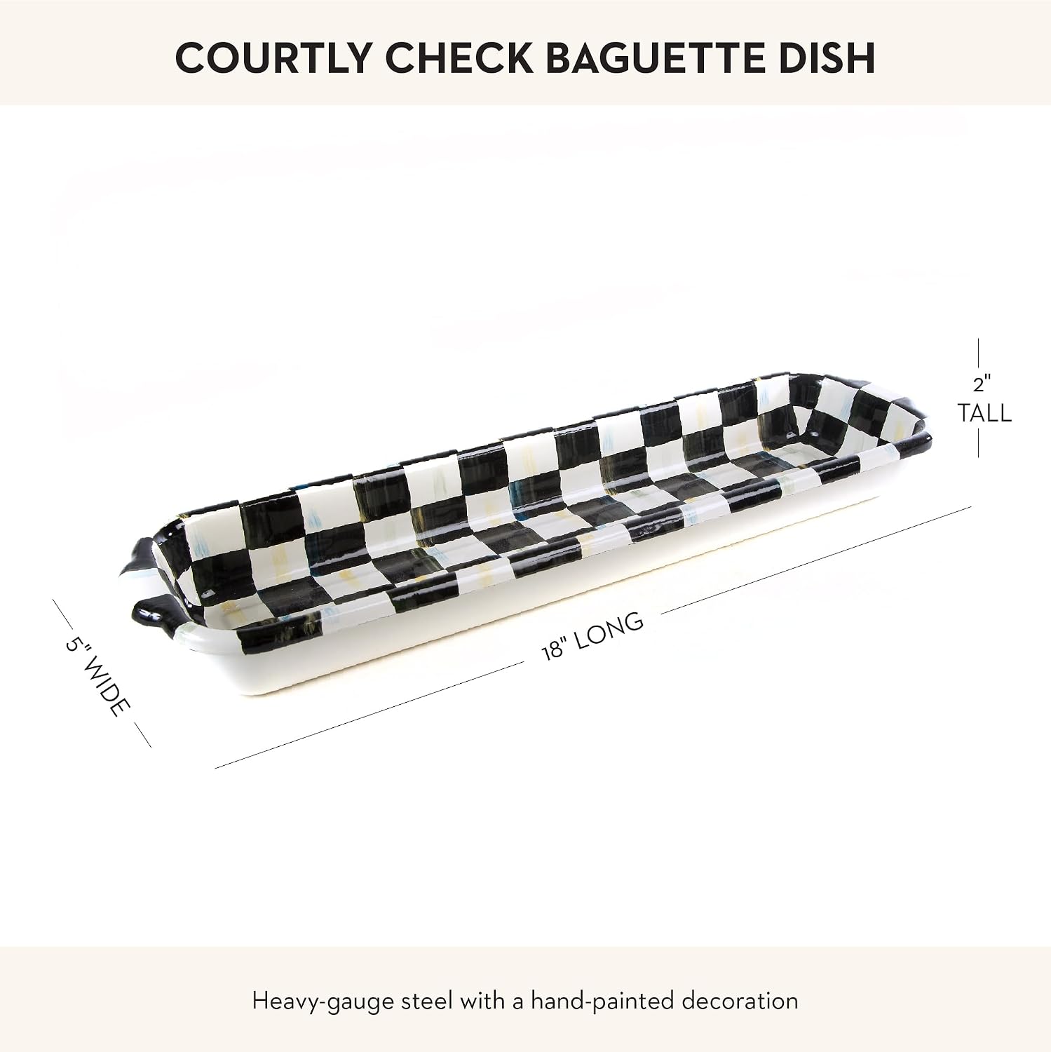 MACKENZIE-CHILDS Enamel Baguette Dish, Black-and-White Courtly Check | Hand-painted design, made from enameled steel