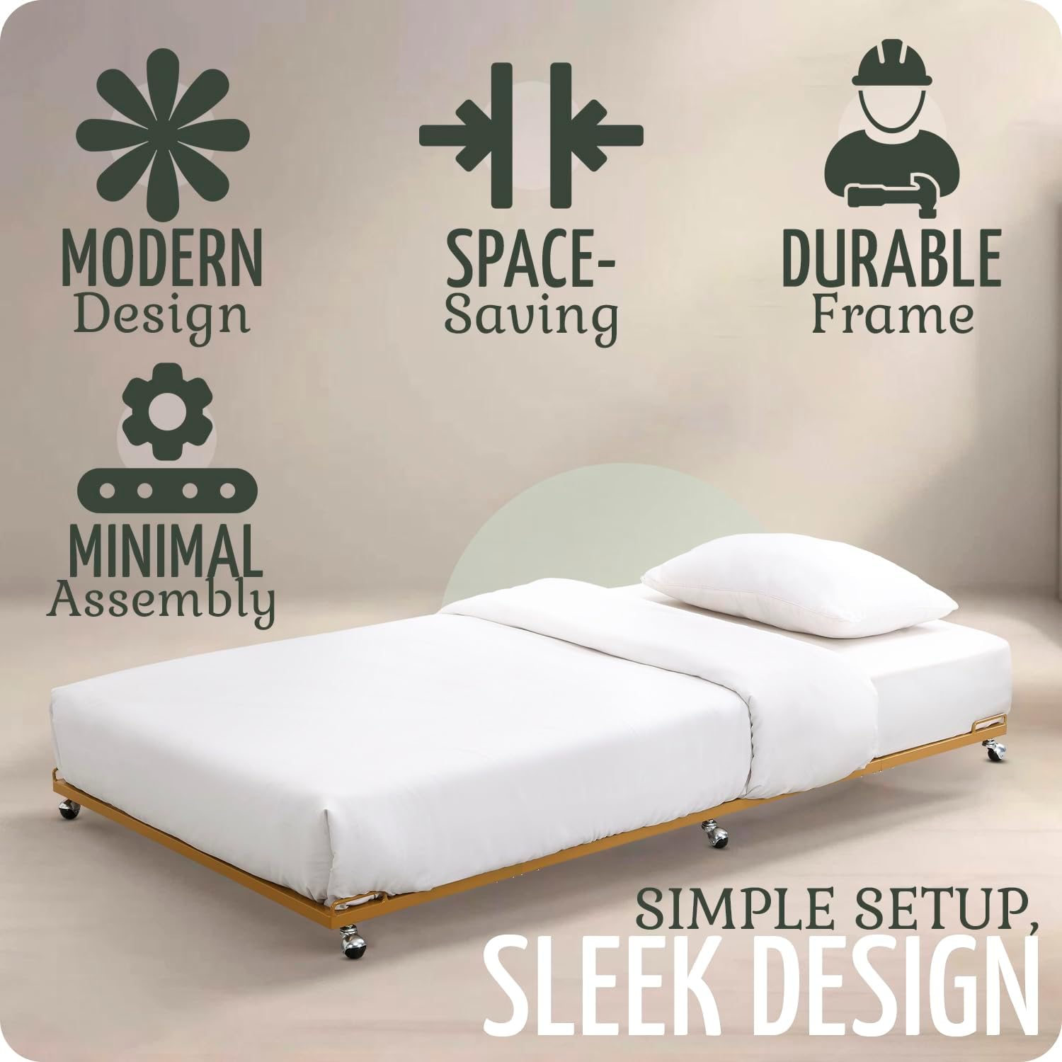 2K Furniture Designs - Twin Size Black Metal Roll Out Trundle Bed Frame for Daybed | Space-Saving Guest Bed - Slides Under Daybeds for Overnight Visitors, Dorms, and Small Spaces