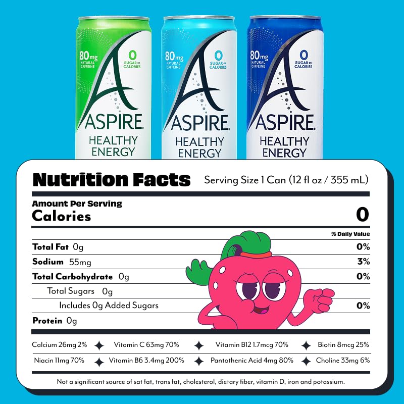 ASPIRE® Raspberry Acai, Healthy Energy Drink 80mg Natural Caffeine, Zero Sugar No Carbs Keto Friendly, 12 Pack Green Tea Sugar Free Drink Low Caffeine Zero Calorie