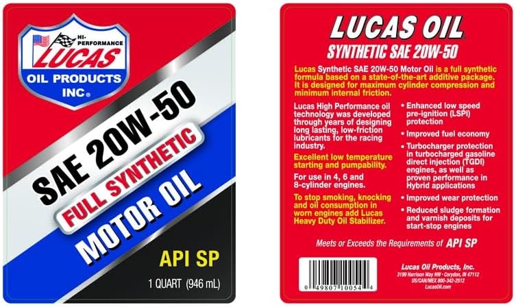 Lucas Oil 10054 SAE 20W-50 Synthetic Racing Oil - Bottle, 1 Quart (32 Ounces)