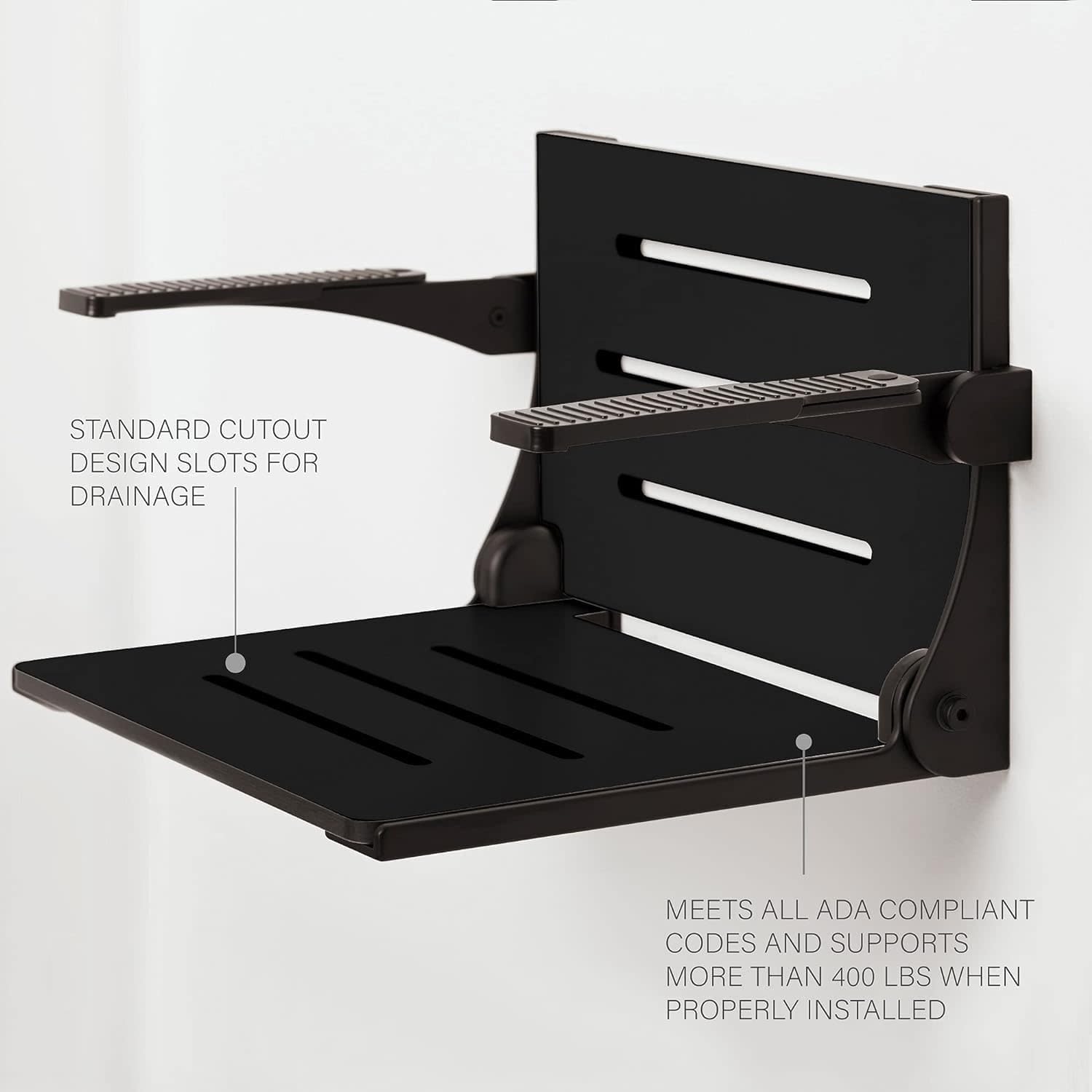 Seachrome Silhouette Comfort Folding Wall Mount Shower Bench Seat with Arms, Teak Seat with Silver Frame